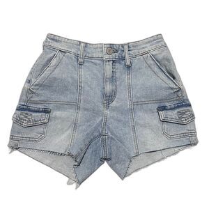 SO High Rise Utility Denim Jean Shorts XS Raw Hem Casual Stretchy Pockets